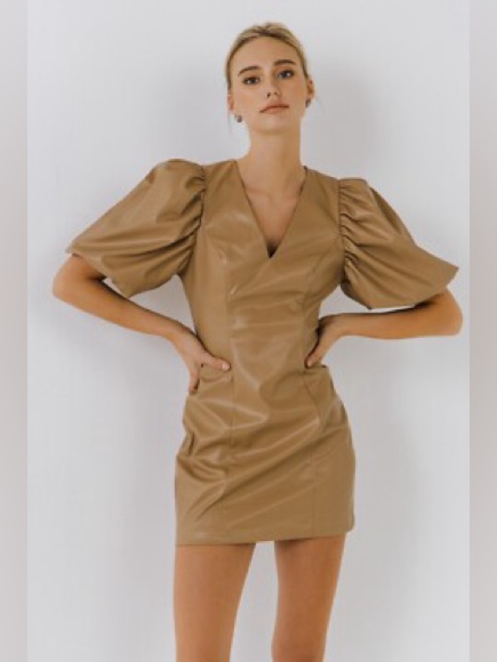 ENDLESS ROSE TAN FAUX LEATHER PUFF SLEEVE DRESS Sz M